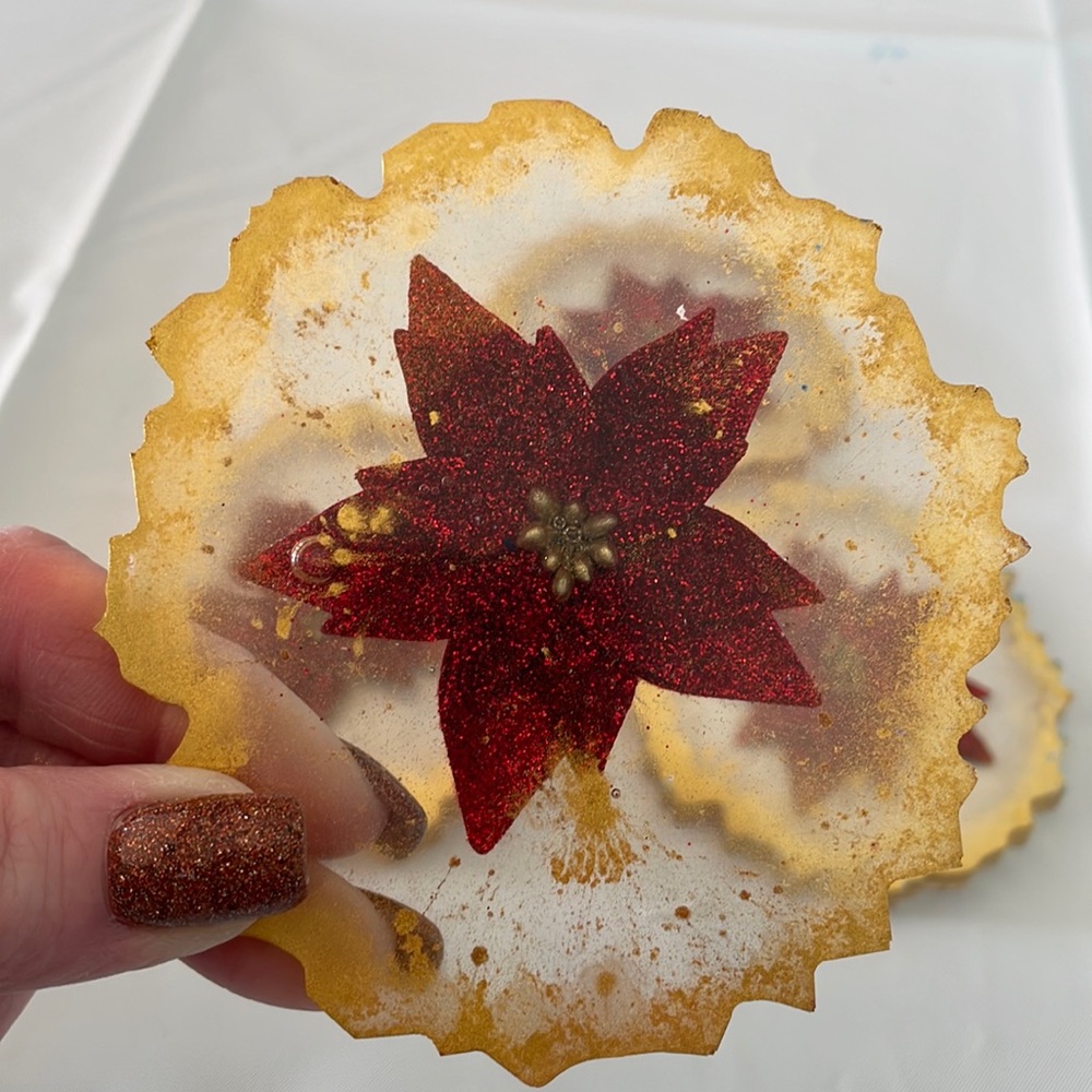 Poinsettia Christmas Resin Coasters x 4